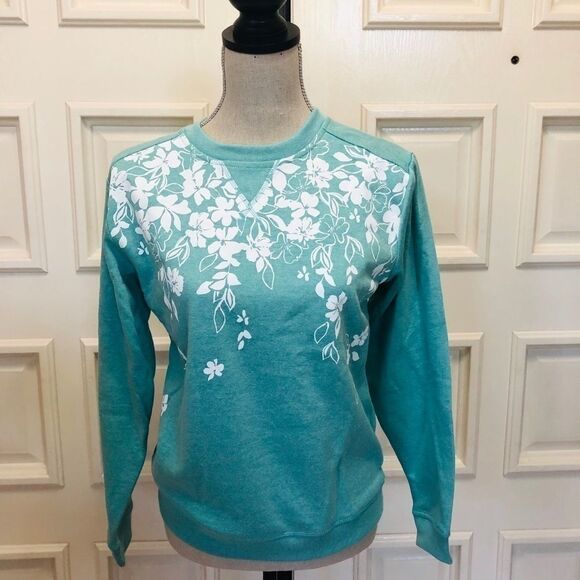 New with Tags Karen Scott Aqua with Flowers Sweatshirt, XSmall - Picture 2 of 4